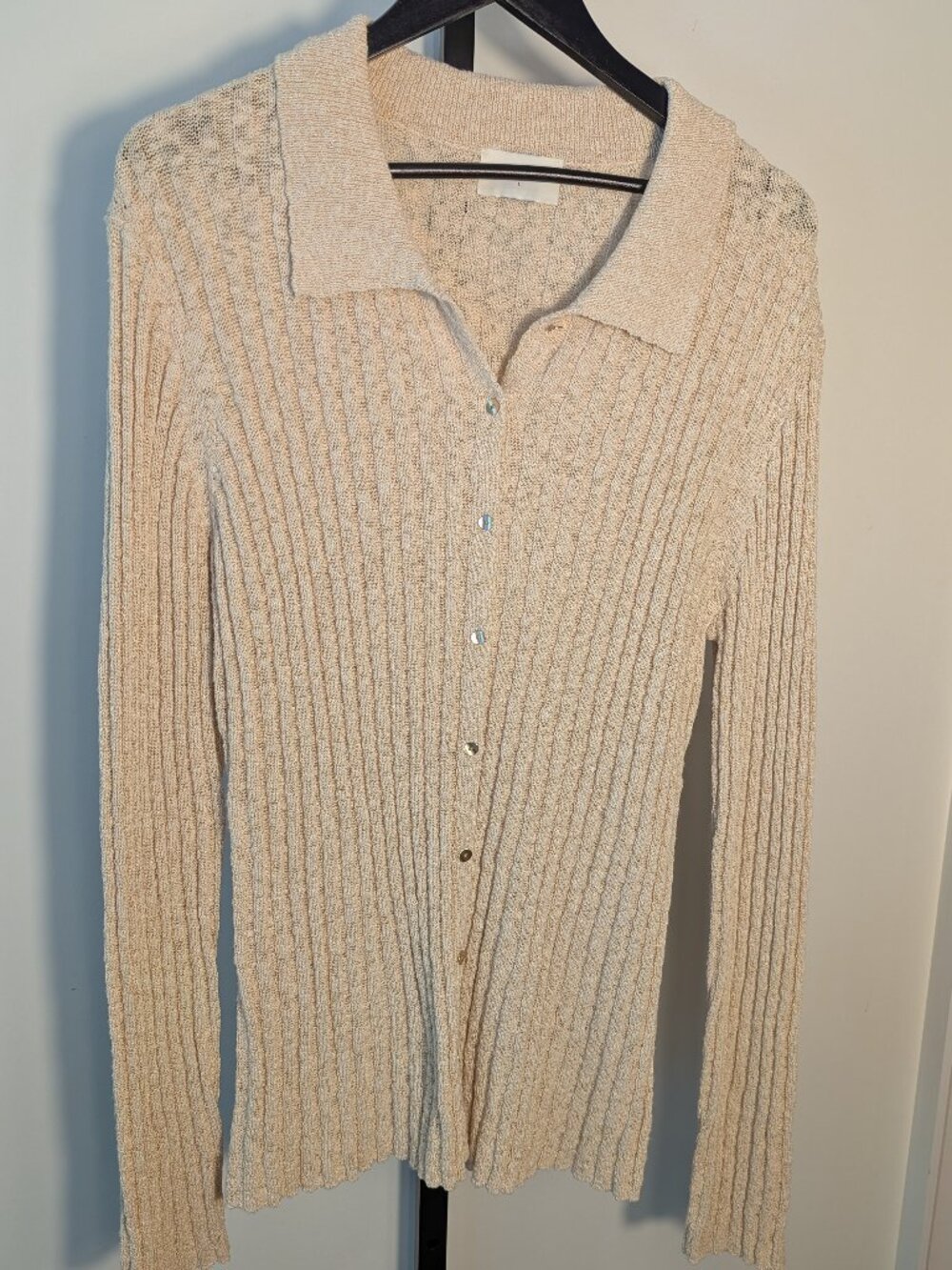 DISSH Ribbed Collared Knit Cardigan Cream Cotton Blend | Size L